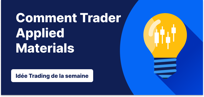 Ampoule avec des chandeliers à l'intérieur sur fond bleu, texte : « Comment négocier Applied Materials. Idée de trading de la semaine »