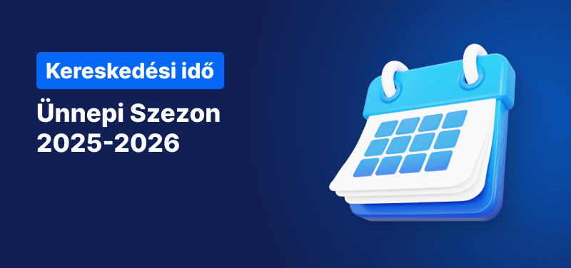 Naptár kék háttéren, fehér szöveggel: „Kereskedési órarend Ünnepi időszak 2025-2026”.