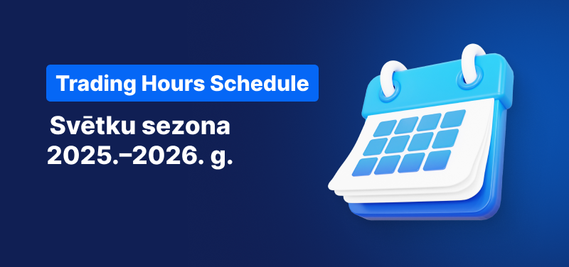 Kalendārs uz zila fona, balts teksts ar uzrakstu „Tirdzniecības stundu grafiks svētku sezonai 2025–2026”.