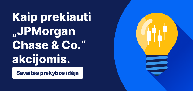 Šviesos lemputė su žvakidės strypais mėlyname fone, tekstas: „How to Trade JPMorgan Chase & Co. Trade Idea of the Week“