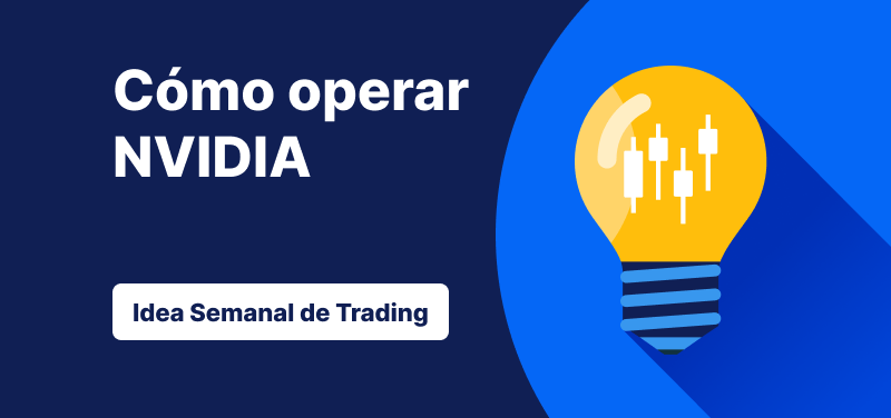 Bombilla con gráficos de velas en su interior sobre un fondo azul, texto: «Cómo operar con NVIDIA: idea de trading de la semana».