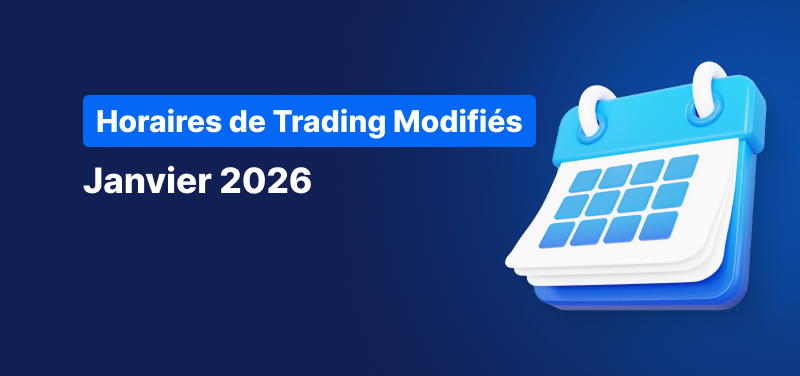 Calendrier sur fond bleu, avec le texte blanc suivant : « Calendrier des Horaires de Trading Janvier 2026 ».