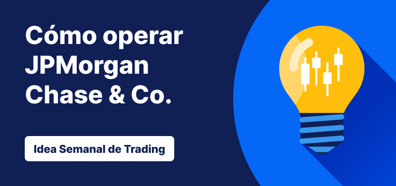 Bombilla con barras de velas dentro contra un fondo azul, texto: ‘How to Trade JPMorgan Chase & Co. Trade Idea of the Week’