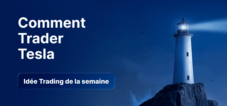 Une ampoule contenant des chandeliers japonais sur un fond bleu, avec le texte : « Comment trader l'action Tesla : l'idée de trading de la semaine ».