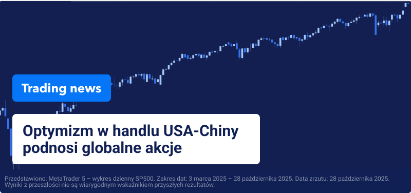 Wykres przedstawiający wzrost indeksu S&P 500 w tle z tekstem: "Optymizm handlowy USA-Chiny wysyła globalne akcje w górę."