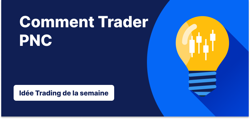 Ampoule avec des chandeliers à l'intérieur sur fond bleu, texte : « Comment transiger les titres de PNC. Idée de transaction de la semaine ».
