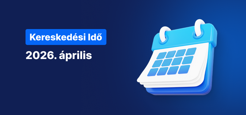 Naptár kék háttérrel, a következő fehér felirattal: „Kereskedési időrend – 2026. április”.