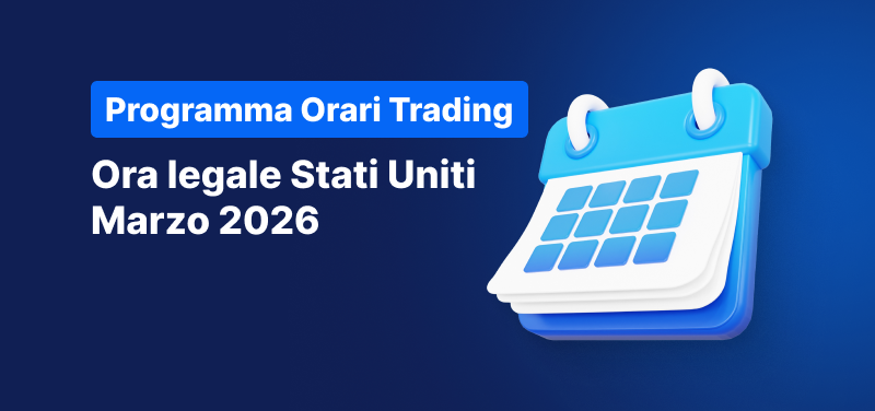 Sfondo blu con un calendario e la scritta: "Programma Orari Trading, Ora legale Stati Uniti Marzo 2026".