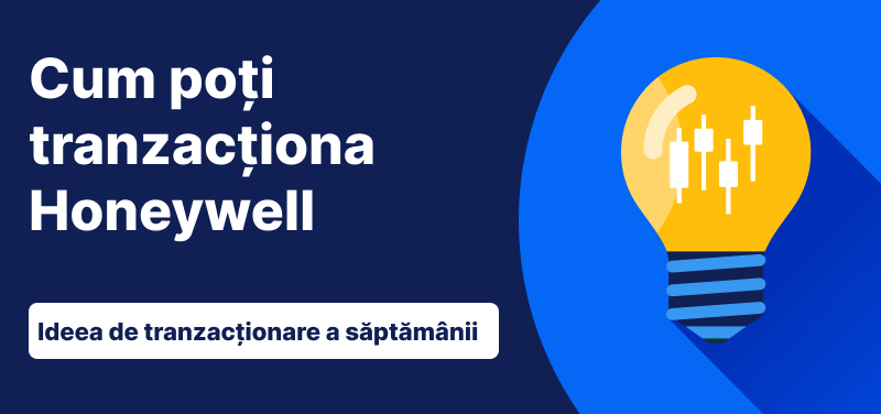Bec cu bare de lumânări în interiorul său, pe un fundal albastru, text: „Cum să tranzacționați Honeywell. Ideea de tranzacționare a săptămânii”
