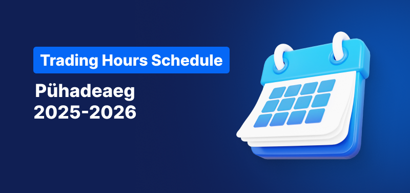 Sinise taustaga kalender, millel on valge tekst: „Pühadeperioodi kauplemisaegade ajakava 2025-2026“.