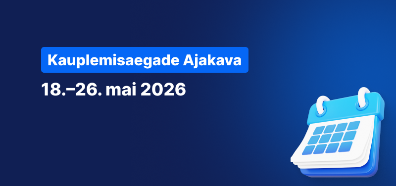 Kalender sinisel taustal, millel on valge tekst „Kauplemisaegade graafik 18.–26. mai 2026“.
