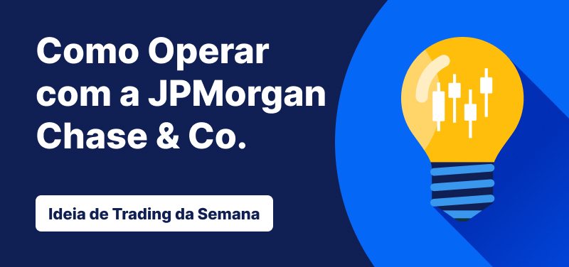Lâmpada com velas de candlestick no interior, sobre um fundo azul, texto: ‘Como Negociar JPMorgan Chase & Co. Ideia de Negociação da Semana’