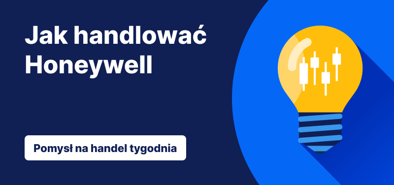 Żarówka z wykresami świecowymi w środku na niebieskim tle, tekst: ‘Jak handlować Honeywell. Pomysł na handel tygodnia’