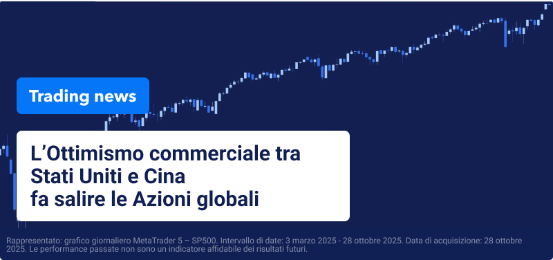 Sfondo blu con grafico trading a candele e la scritta: "L’Ottimismo commerciale tra Stati Uniti e Cina fa salire le Azioni globali".