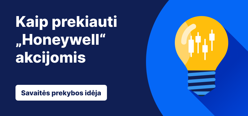 Šviesos lemputė su žvakidės strypais mėlyname fone, tekstas: „Kaip prekiauti „Honeywell“. Savaitės prekybos idėja“