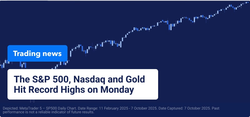 Trading chart on blue background, text reads "The S&P 500, Nasdaq and Gold Hit Record Highs on Monday".