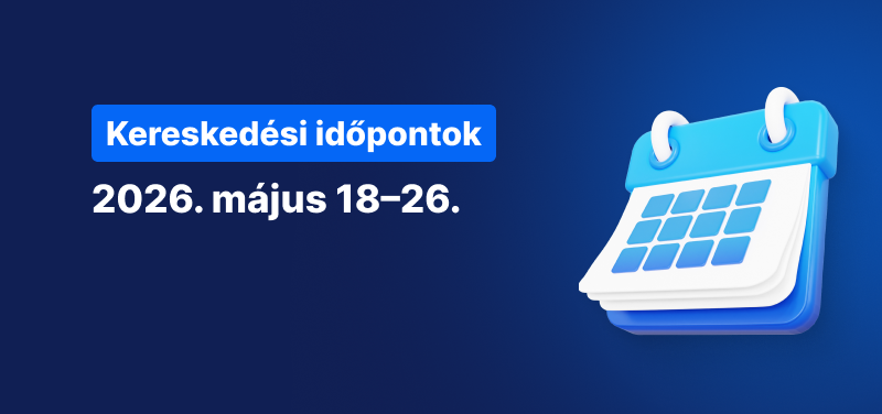 Naptár kék háttérrel, fehér szöveggel: „Kereskedési időrend 2026. május 18-tól 26-ig.”.