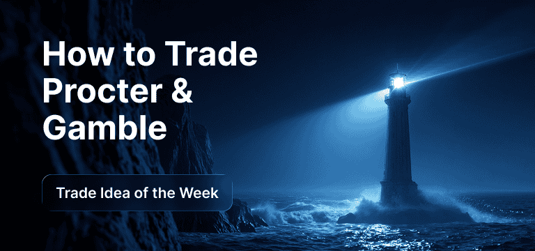 Lighthouse shining light across stormy sea waves at night, with ‘How to Trade Procter and Gamble’ and ‘Trade Idea of the Week’ text overlay