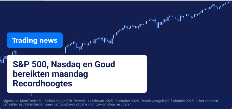 Handelsgrafiek op blauwe achtergrond, tekst luidt "S&P 500, Nasdaq en Goud bereikten maandag Recordhoogtes".
