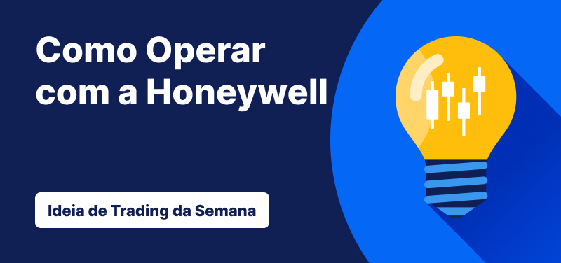Lâmpada com barras de castiçal dentro dela contra um fundo azul, texto: 'Como Negociar Honeywell. Ideia de Negociação da Semana'