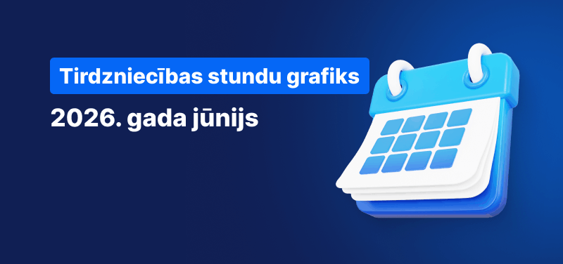 Kalendārs uz zila fona ar baltu tekstu: “Tirdzniecības laiki 2026. gada jūnijā”.