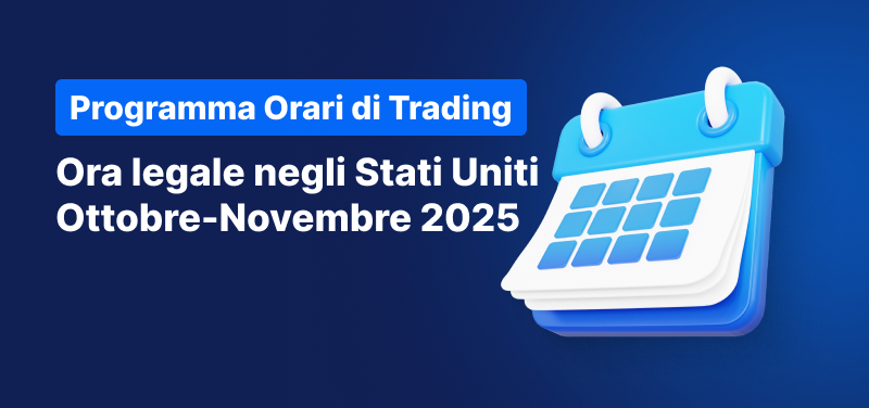 Sfondo blu con un calendario e le scritte: "Programma Orari di Trading" e "Ora legale negli Stati Uniti Ottobre-Novembre 2025".