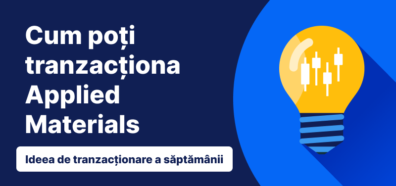 Fundal albastru cu un bec și textul: „Cum poți tranzacționa Applied Materials”.