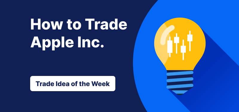 Light bulb with candlestick bars inside it against a blue background, text: ‘How to Trade Apple. Trade Idea of the Week’