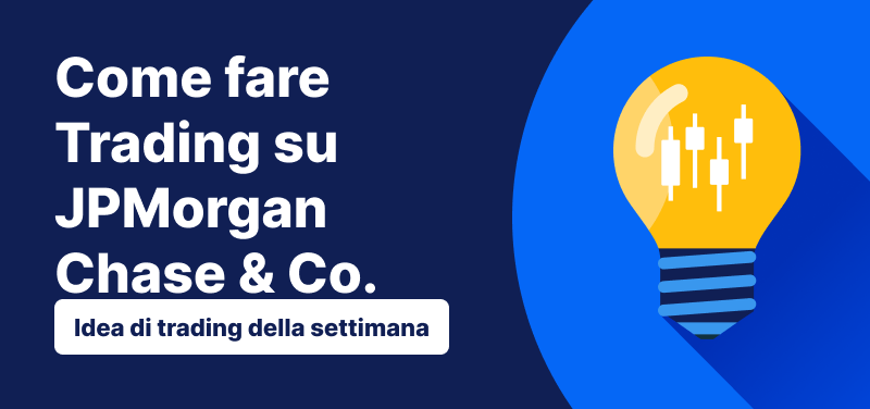 Sfondo blu con una lampadina e la scritta: "Come fare trading su JPMorgan Chase & Co.".