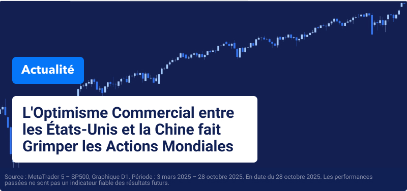 Graphique montrant l'indice S&P 500 en hausse en arrière-plan avec le texte, "L'optimisme commercial entre les États-Unis et la Chine fait grimper les actions mondiales."