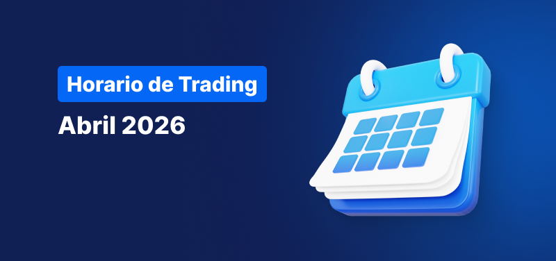 Calendario sobre un fondo azul con el texto en blanco «Horario de trading de abril de 2026».