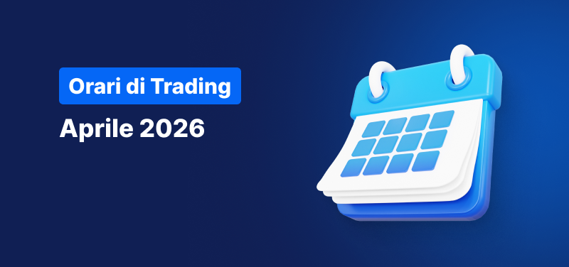 Sfondo blu con un calendario e la scritta: "Orari di Trading Aprile 2026".