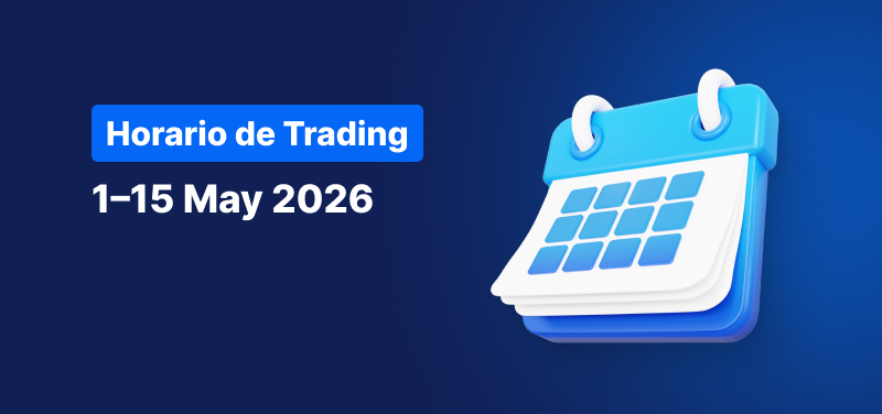 Calendario sobre un fondo azul con el texto en blanco: «Horario de trading del 1 al 15 de mayo de 2026».