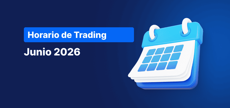Calendario sobre un fondo azul, con el texto en blanco «Horario de trading de junio de 2026».