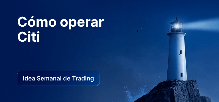 Bombilla con un gráfico de velas en su interior sobre un fondo azul, texto: «Cómo operar con Citi: Idea de *trading* de la semana».