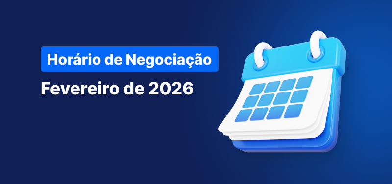Calendário em fundo azul, texto branco diz "Calendário de Horário de Negociação Fevereiro de 2026".