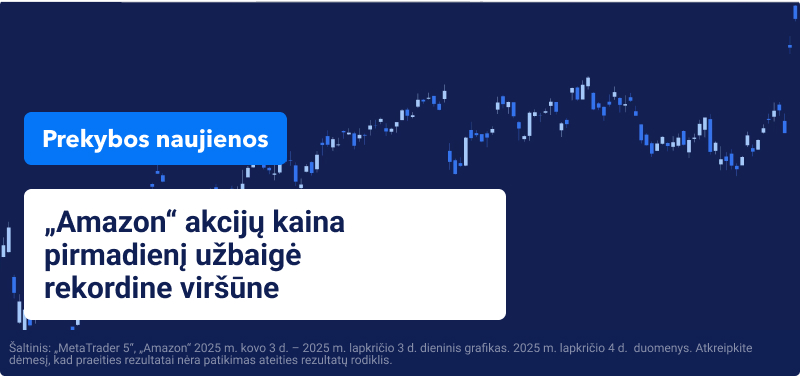Mėlyna „Amazon“ kainų diagrama su užrašu „Amazon“ akcijų kaina pirmadienį pasiekė rekordinį lygį“.