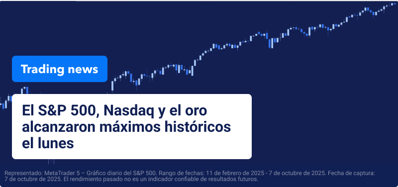 Gráfico de operaciones sobre fondo azul, el texto dice: "El S&P 500, Nasdaq y el Oro Alcanzaron Máximos Históricos el Lunes".