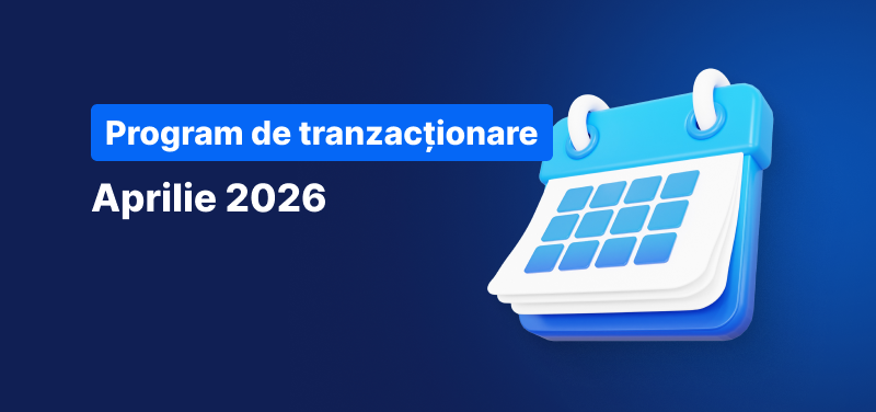 Fundal albastru cu un calendar și textul: Program de tranzacționare Aprilie 2026