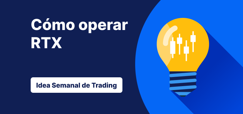 Bombilla con barras de velas japonesas dentro sobre un fondo azul, texto: 'Cómo operar con RTX: Idea de trading de la semana'.