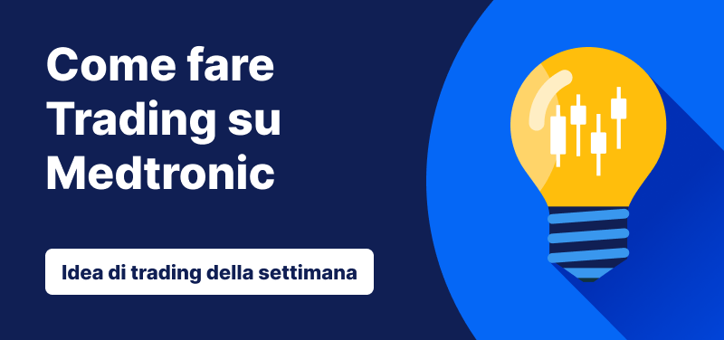 Sfondo blu con una lampadina e con la scritta: "Come fare trading su Medtronic".