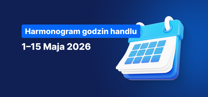 Kalendarz na niebieskim tle, z białym napisem „Harmonogram godzin handlu, 1–15 maja 2026”.