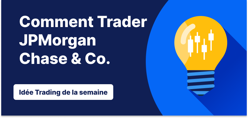 Ampoule avec des chandeliers à l'intérieur sur un fond bleu, texte : ‘Comment négocier JPMorgan Chase & Co. Idée de trading de la semaine’