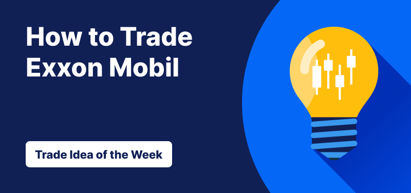 Light bulb with candlestick bars inside it against a blue background, text: ‘How to Trade Exxon Mobil Corp. Trade Idea of the Week’
