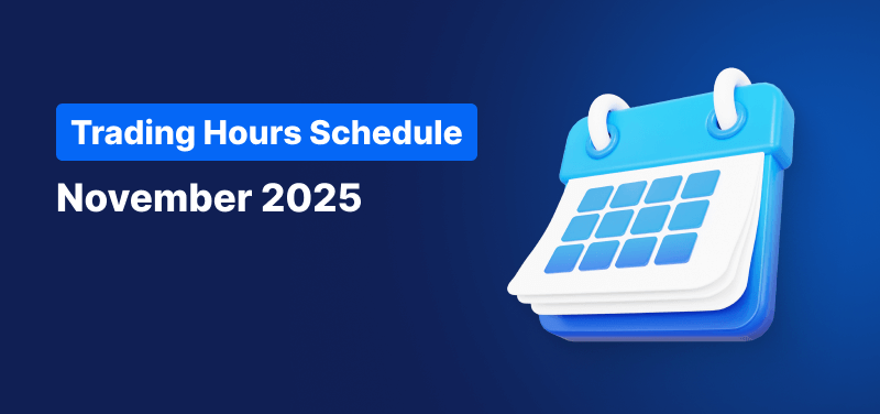 Calendar on a blue background, white text reads "Trading Hours Schedule November 2025".