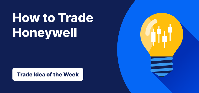 Light bulb with candlestick bars inside it against a blue background, text: ‘How to Trade Honeywell. Trade Idea of the Week’
