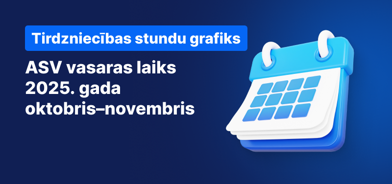 Kalendārs uz zila fona, balts teksts ar uzrakstu "ASV Vasaras laiks oktobris-novembris 2025".