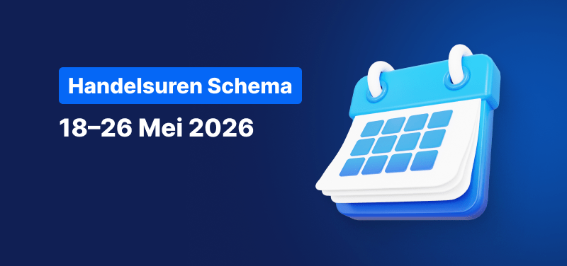 Blauwe achtergrond met een kalender en de tekst: Handelsuren Schema 18–26 Mei 2026.
