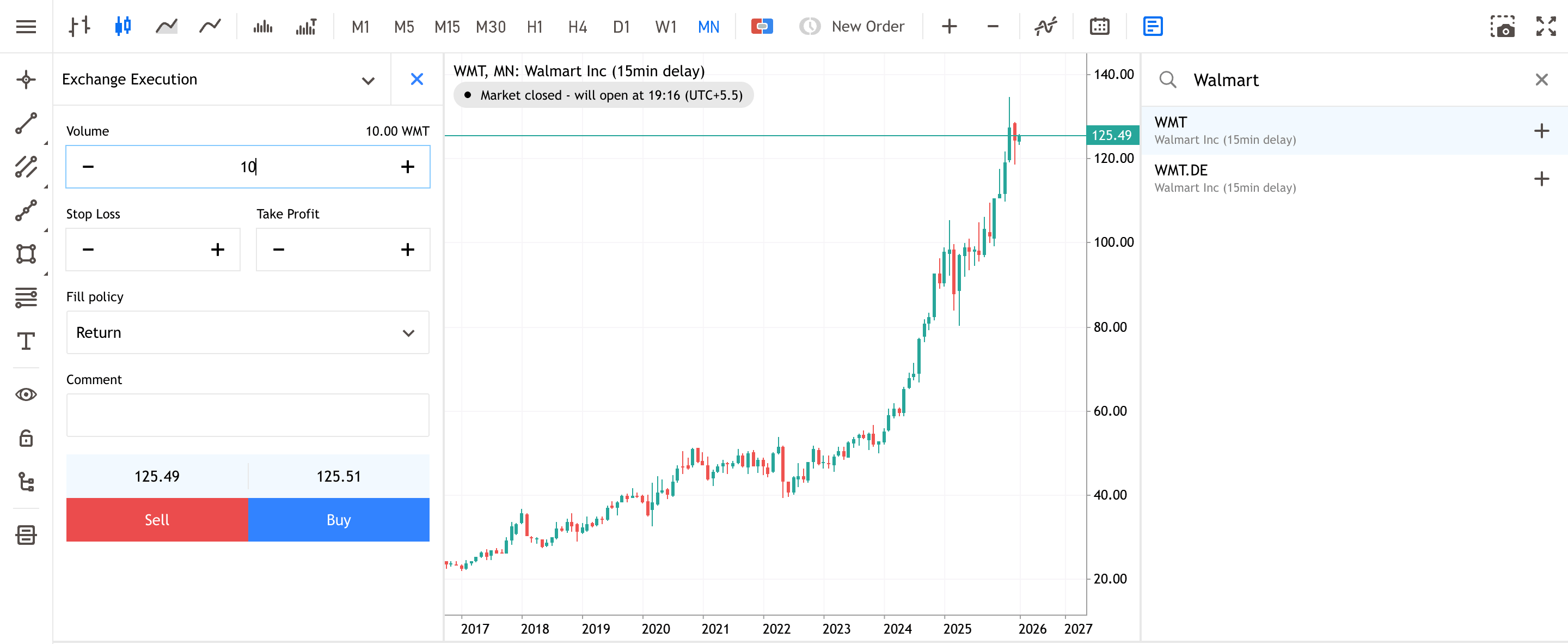Walmart Monthly Share Price Chart from Admirals Group MT5 WebTrader