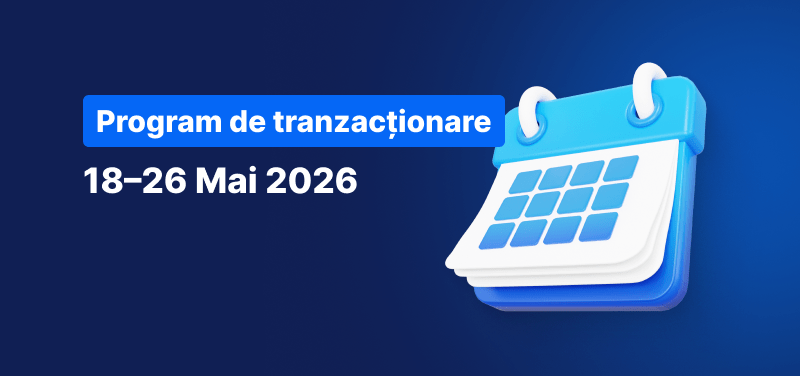 Fundal albastru cu un calendar și textul: Program de tranzacționare, 18–26 Mai 2026.